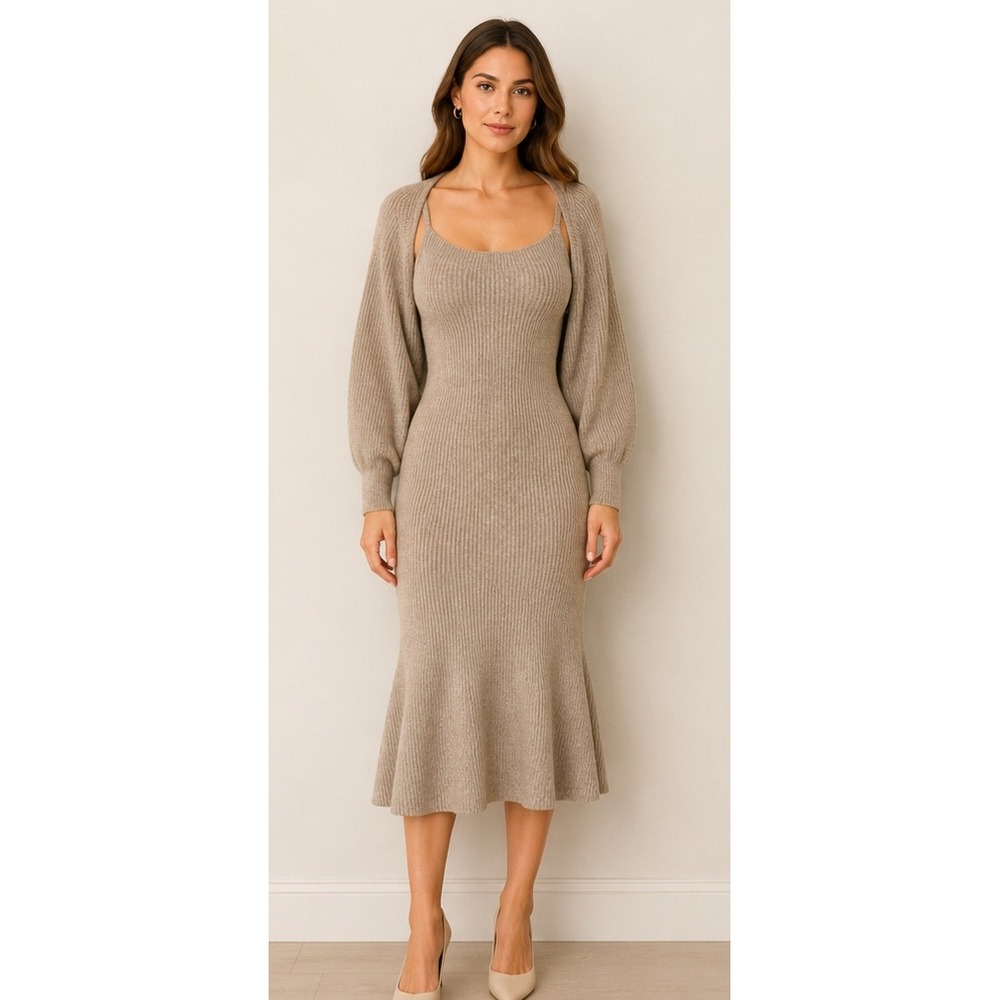 Scoop Beige Ribbed Knit Puff Sleeve Square Neck Midi Dress 2109294 Small 4-6